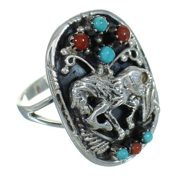 Horse Silver Southwest Turquoise Coral Ring Size 6-1/4 QX72528